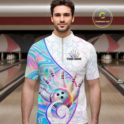 A man wearing a short-sleeve cycling jersey with a colorful bowling-themed graphic print, standing in front of a blurred bowling alley background. The jersey features a white base with a vibrant, iridescent pastel swirl pattern, bowling pins, a bowling ball, and a placeholder text 'YOUR NAME'.