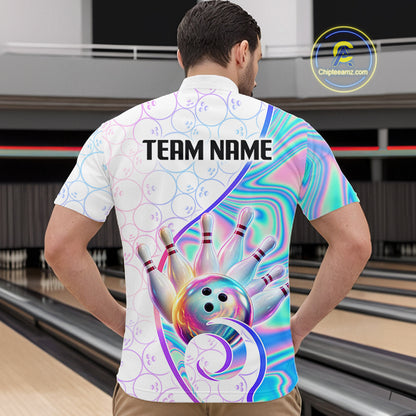 A man viewed from behind wearing a short-sleeve bowling shirt with a colorful psychedelic design featuring bowling pins, a bowling ball, and the text 'TEAM NAME' on the back. The shirt has a white base with holographic rainbow swirls and bowling-pin patterns.