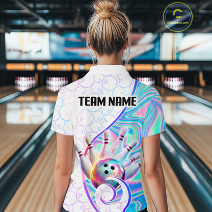 A woman viewed from behind wearing a white bowling-themed short-sleeve polo shirt with a colorful holographic swirl pattern, bowling pins, and a bowling ball graphic on the back. The shirt has 'TEAM NAME' printed on the upper back.