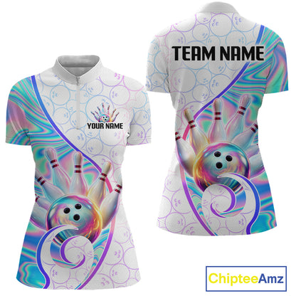 Front and back views of a women's short-sleeve polo shirt with a colorful bowling-themed graphic print. The shirt features bowling pins, bowling balls, and swirling holographic-style rainbow patterns on a white base.