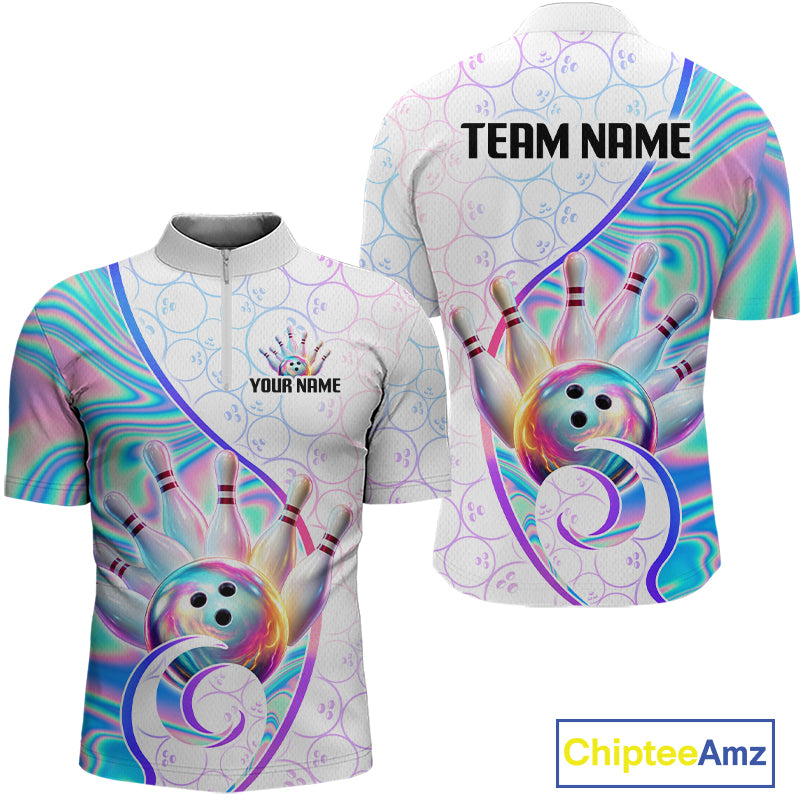 Front and back views of a short-sleeve bowling jersey with a bowling theme, featuring a white base with holographic purple, blue, and pink swirls, a bowling ball and pins graphic, and customizable text placeholders 'YOUR NAME' and 'TEAM NAME'.