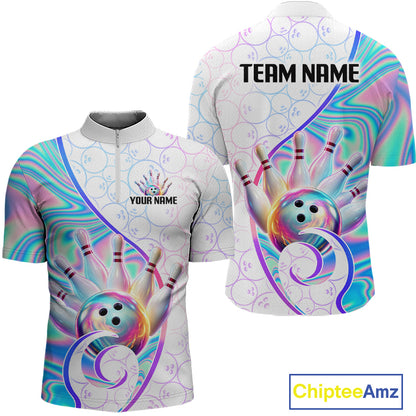 Front and back views of a short-sleeve bowling jersey with a bowling theme, featuring a white base with holographic purple, blue, and pink swirls, a bowling ball and pins graphic, and customizable text placeholders 'YOUR NAME' and 'TEAM NAME'.