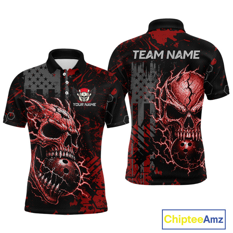 Custom Red Thunder Skull US Flag Bowling Team Shirts For Men Bowling Gifts Bowling League HNT520