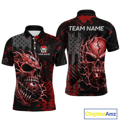 Custom Red Thunder Skull US Flag Bowling Team Shirts For Men Bowling Gifts Bowling League HNT520