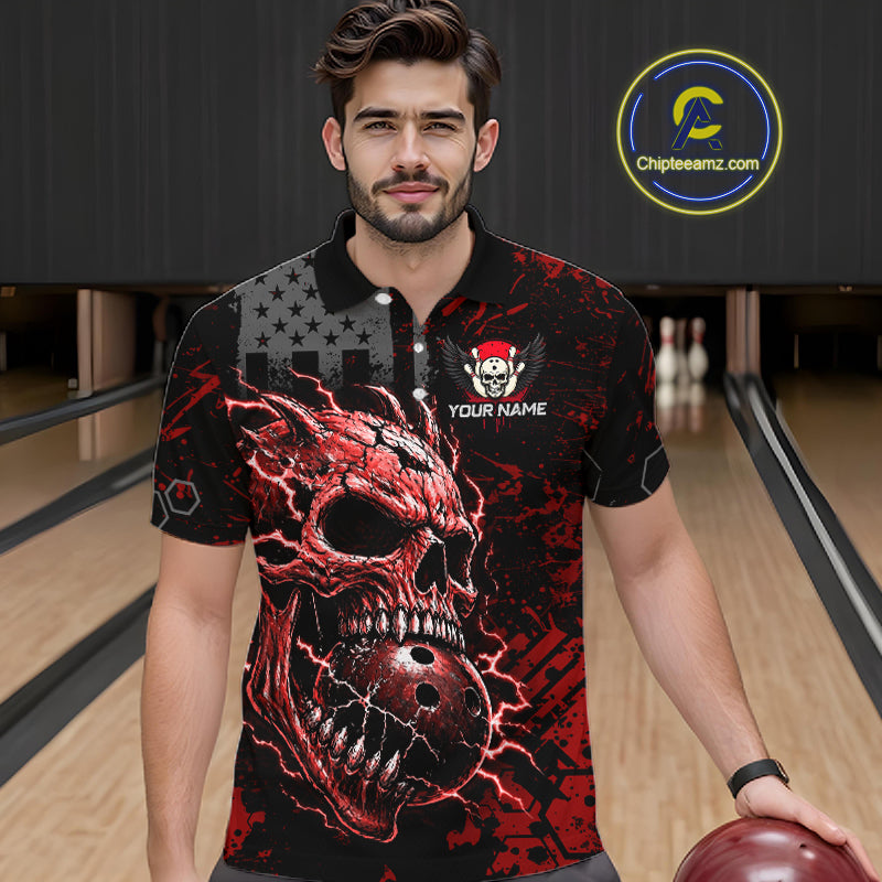 Custom Red Thunder Skull US Flag Bowling Team Shirts For Men Bowling Gifts Bowling League HNT520