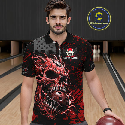 Custom Red Thunder Skull US Flag Bowling Team Shirts For Men Bowling Gifts Bowling League HNT520