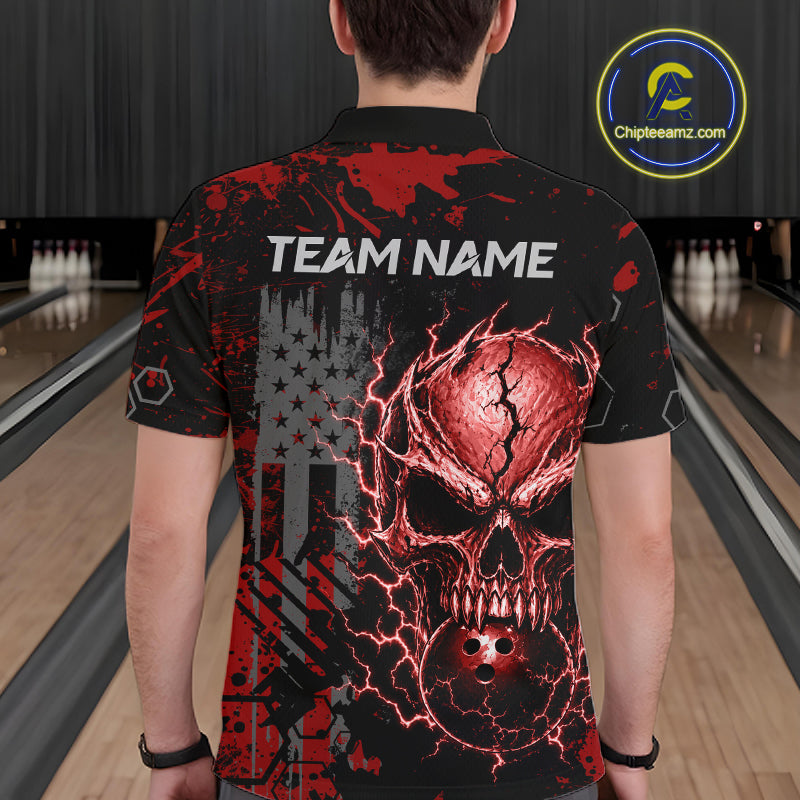 Custom Red Thunder Skull US Flag Bowling Team Shirts For Men Bowling Gifts Bowling League HNT520
