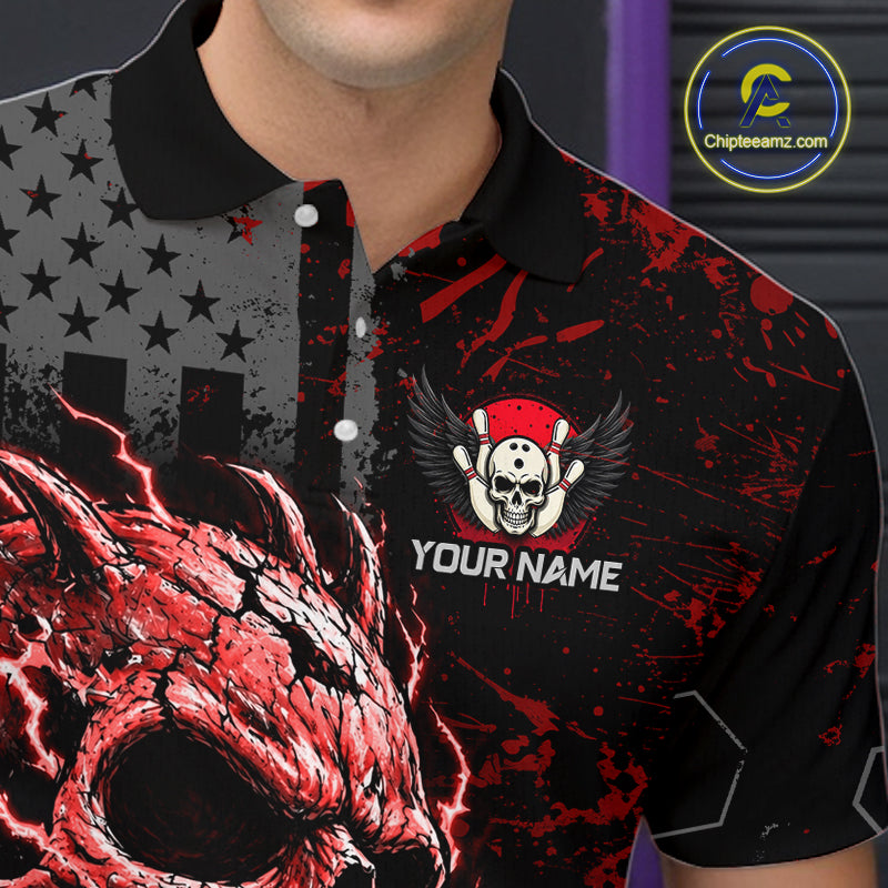 Custom Red Thunder Skull US Flag Bowling Team Shirts For Men Bowling Gifts Bowling League HNT520