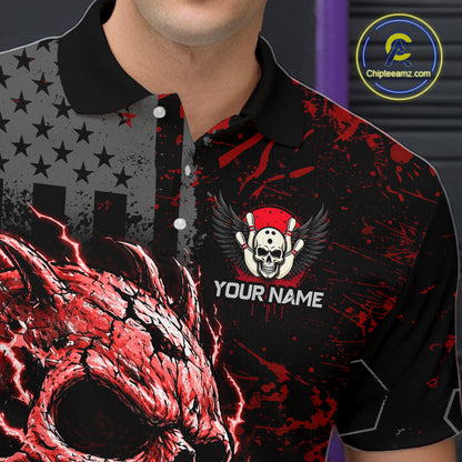 Custom Red Thunder Skull US Flag Bowling Team Shirts For Men Bowling Gifts Bowling League HNT520