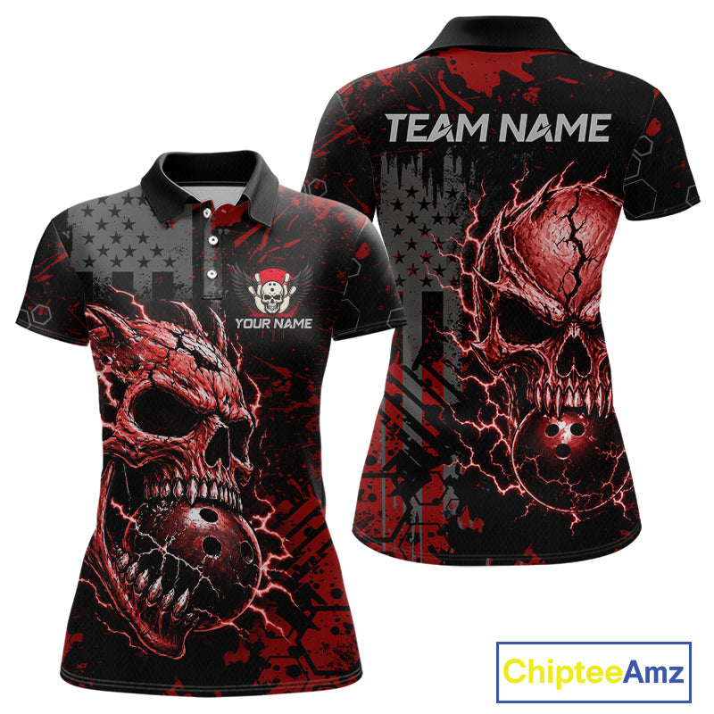 Custom Red Thunder Skull US Flag Bowling Team Shirts For Women Bowling Gifts Bowling League HNT520