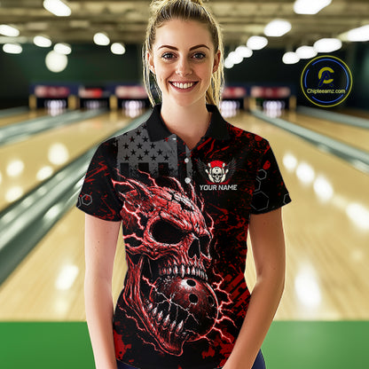 Custom Red Thunder Skull US Flag Bowling Team Shirts For Women Bowling Gifts Bowling League HNT520
