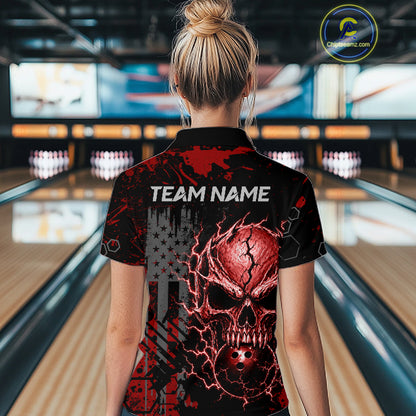 Custom Red Thunder Skull US Flag Bowling Team Shirts For Women Bowling Gifts Bowling League HNT520