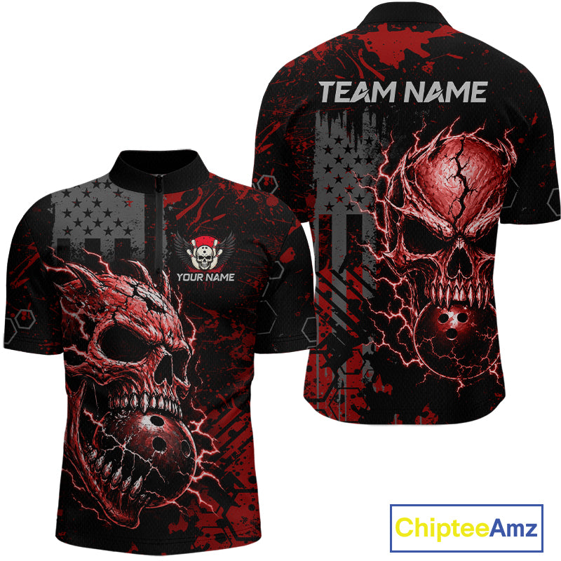 Custom Red Thunder Skull US Flag Bowling Team Shirts For Men Bowling Gifts Bowling League HNT520