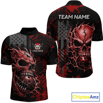 Custom Red Thunder Skull US Flag Bowling Team Shirts For Men Bowling Gifts Bowling League HNT520