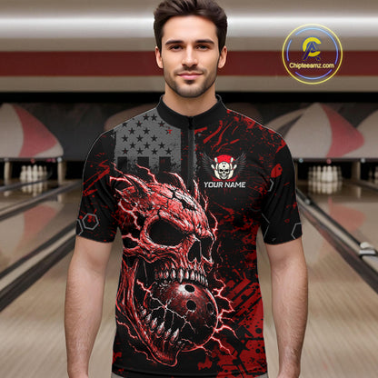 Custom Red Thunder Skull US Flag Bowling Team Shirts For Men Bowling Gifts Bowling League HNT520