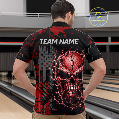 Custom Red Thunder Skull US Flag Bowling Team Shirts For Men Bowling Gifts Bowling League HNT520