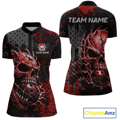 Custom Red Thunder Skull US Flag Bowling Team Shirts For Women Bowling Gifts Bowling League HNT520
