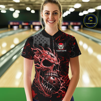 Custom Red Thunder Skull US Flag Bowling Team Shirts For Women Bowling Gifts Bowling League HNT520