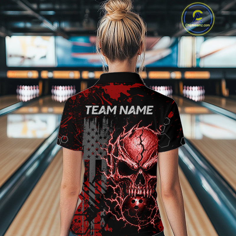 Custom Red Thunder Skull US Flag Bowling Team Shirts For Women Bowling Gifts Bowling League HNT520