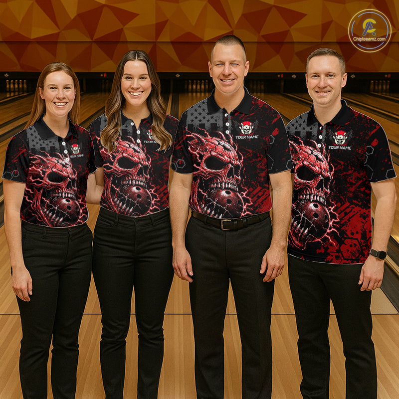 Custom Red Thunder Skull US Flag Bowling Team Shirts For Men Bowling Gifts Bowling League HNT520