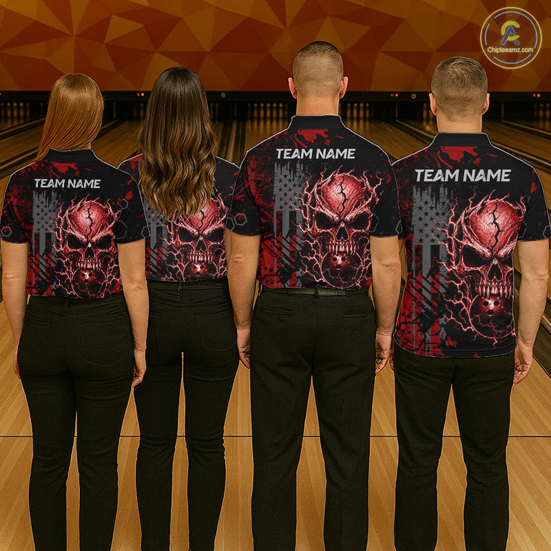 Custom Red Thunder Skull US Flag Bowling Team Shirts For Men Bowling Gifts Bowling League HNT520