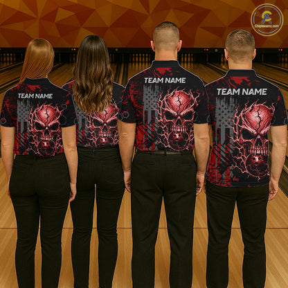 Custom Red Thunder Skull US Flag Bowling Team Shirts For Men Bowling Gifts Bowling League HNT520