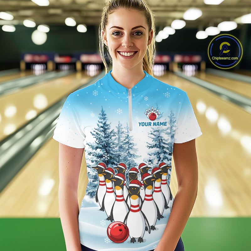 Custom Funny Penguin Bowling Jersey for Women Bowling Cloth Polo & 1/4 Zip Bowling Team Shirt HNT590
