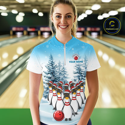 Custom Funny Penguin Bowling Jersey for Women Bowling Cloth Polo & 1/4 Zip Bowling Team Shirt HNT590