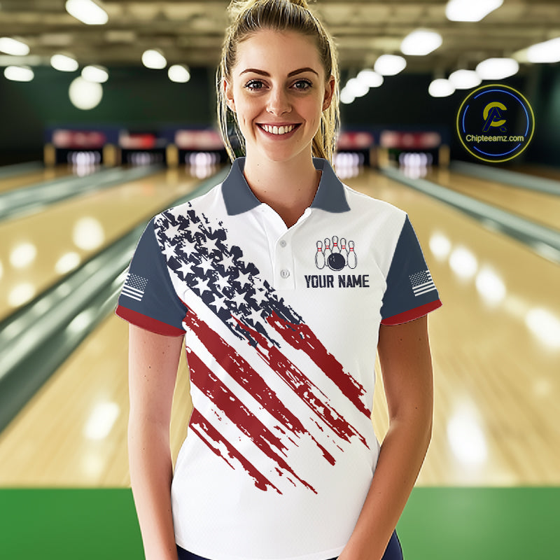 Custom Eagle American Flag Bowling Jersey for Women Bowling Polo & 1/4 Zip Bowling Team Shirt HNT592