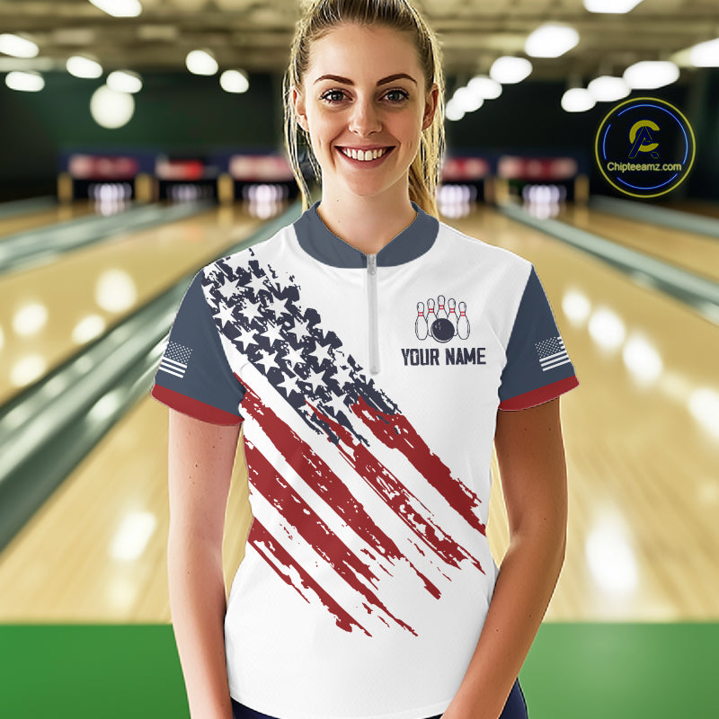 Custom Eagle American Flag Bowling Jersey for Women Bowling Polo & 1/4 Zip Bowling Team Shirt HNT592