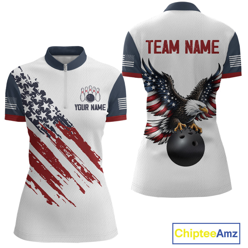 Custom Eagle American Flag Bowling Jersey for Women Bowling Polo & 1/4 Zip Bowling Team Shirt HNT592