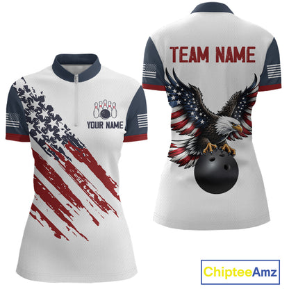 Custom Eagle American Flag Bowling Jersey for Women Bowling Polo & 1/4 Zip Bowling Team Shirt HNT592