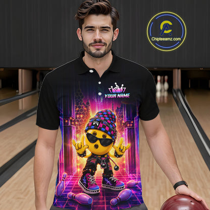 Men’s neon synthwave rocker bowling polo shirt, front view on male model in bowling lane 
