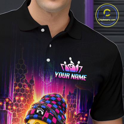 Men’s neon synthwave rocker bowling polo shirt with custom name, angled front view showing custom team design