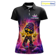 Load image into Gallery viewer, Custom neon synthwave rocker bowling jersey for women, personalized team bowling polo shirt front view.
