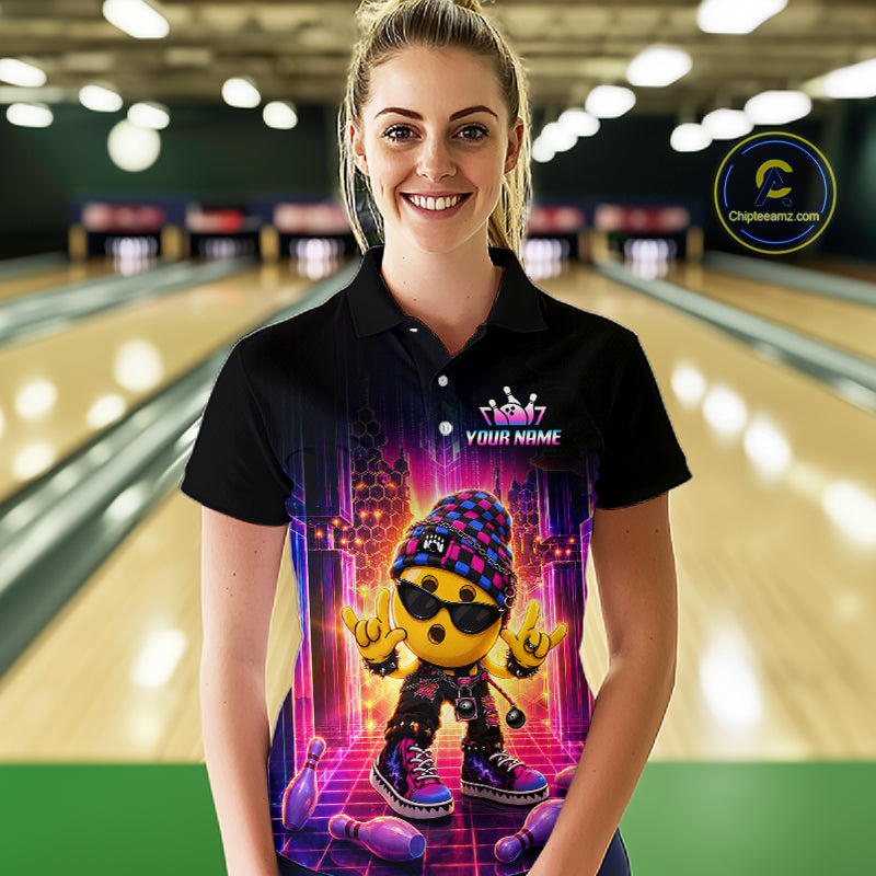 Women’s neon synthwave rocker bowling polo shirt, front view on female model in bowling lane 