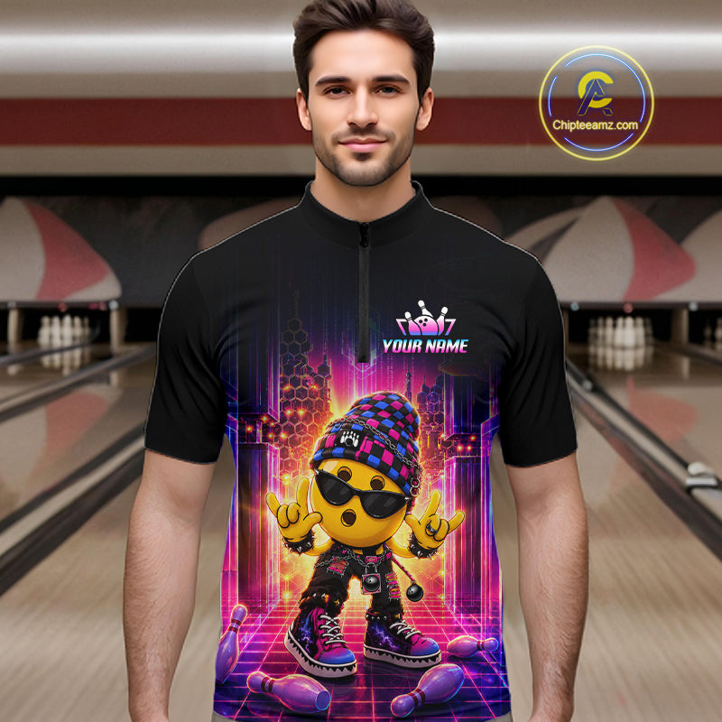 Men’s neon synthwave rocker bowling quarter zip shirt, front view on male model in bowling lane 