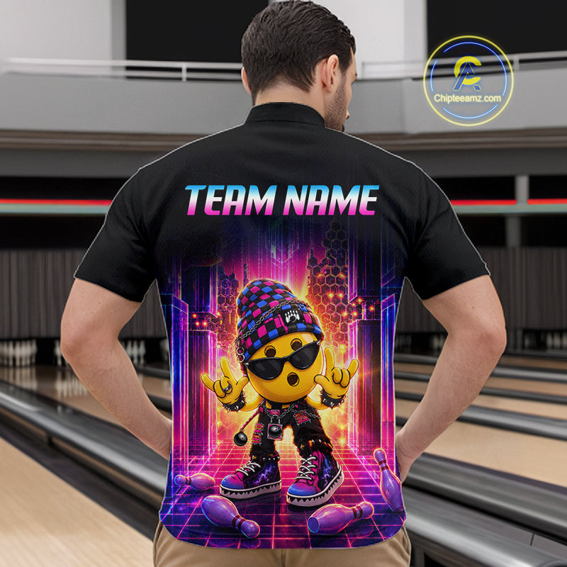 Men’s neon synthwave rocker bowling quarter zip shirt, back view on male model in bowling lane 