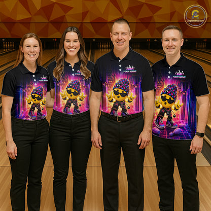 Group of bowlers in neon synthwave rocker team shirts, personalized bowling uniforms front view.
