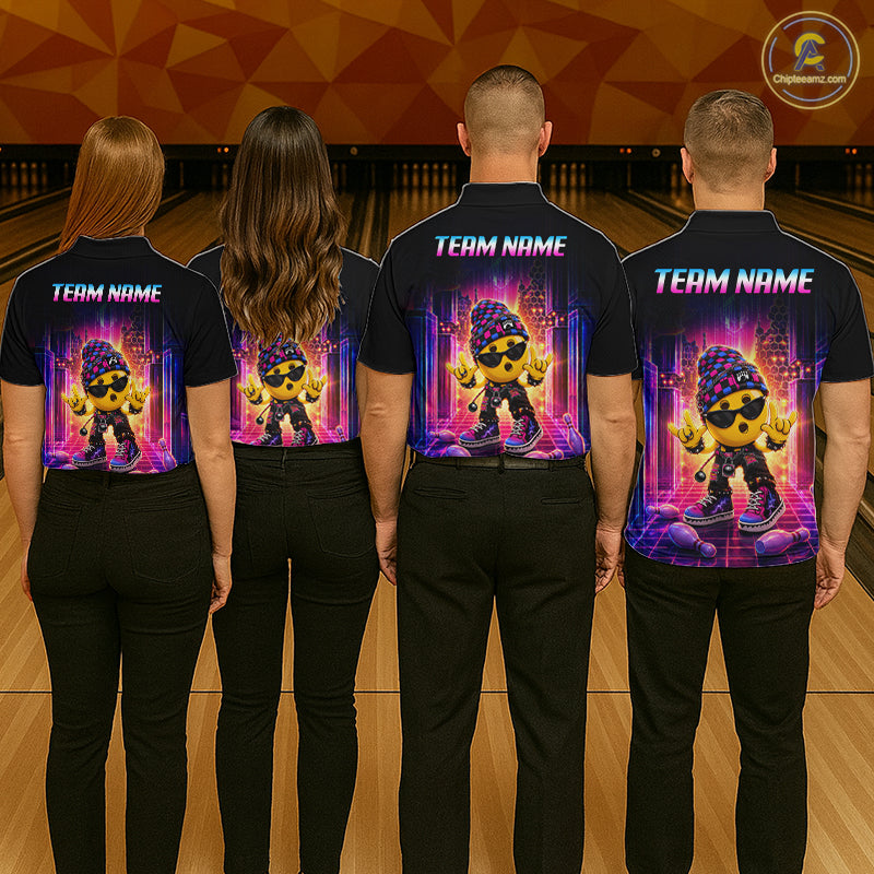 Group of bowlers in neon synthwave rocker team shirts, personalized bowling uniforms back view.