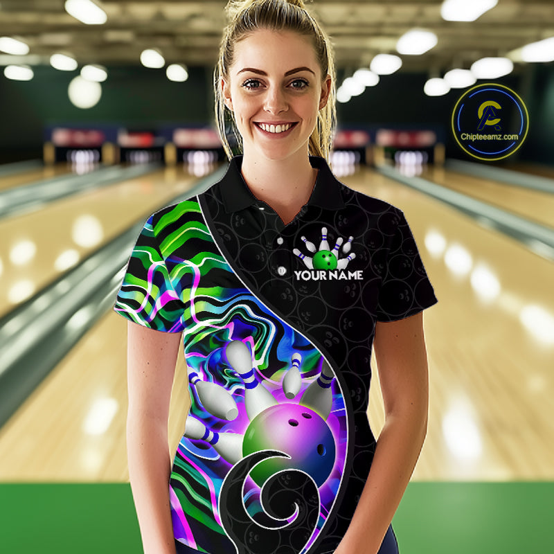 Women’s green neon wave bowling polo shirt, front view on male model in bowling lane