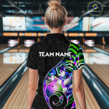 Women’s green neon wave bowling polo shirt, back view on male model in bowling lane 