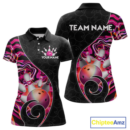 Women’s pink neon wave strike bowling shirt with custom name, front view polo design on white background