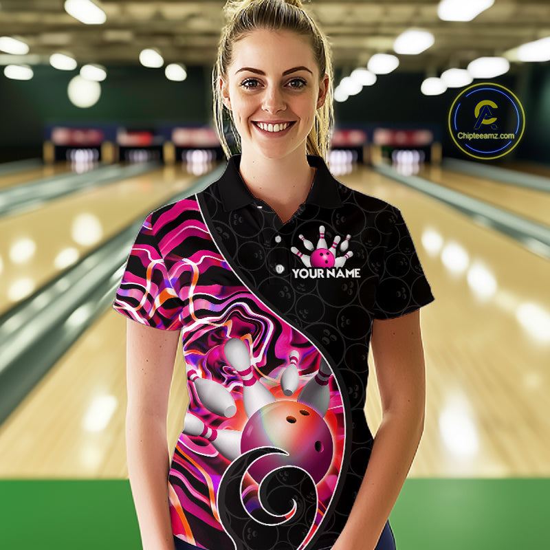 Women’s pink neon wave bowling polo shirt, front view on female model in bowling lane