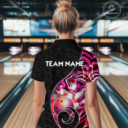 Women’s pink neon wave bowling quarter zip shirt, back view on female model in bowling lane 