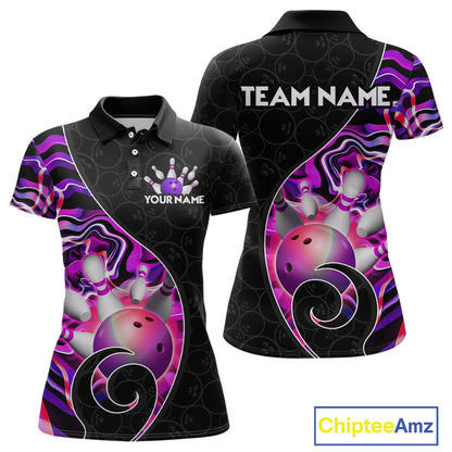 Women’s purple neon wave strike bowling shirt with custom name, front view polo design on white background