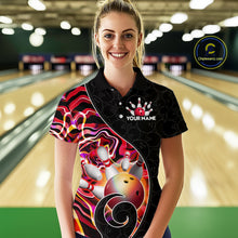 Load image into Gallery viewer, Women’s red neon wave bowling polo shirt, front view on female model in bowling lane 