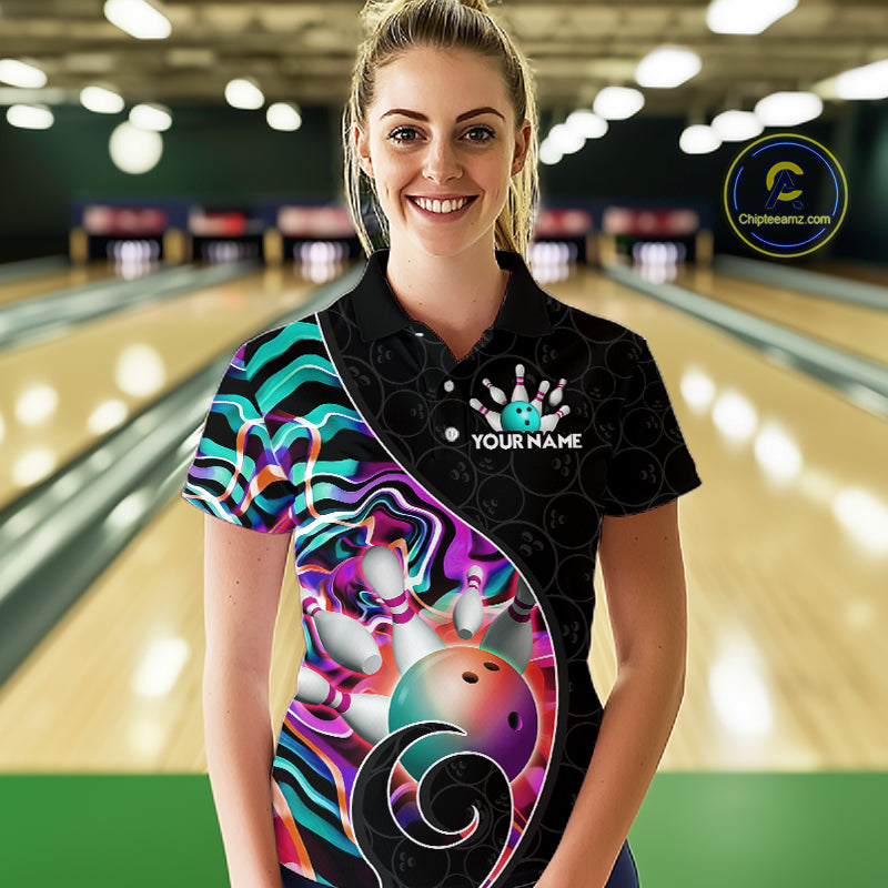 Women’s turquoise neon wave bowling polo shirt, front view on female model in bowling lane