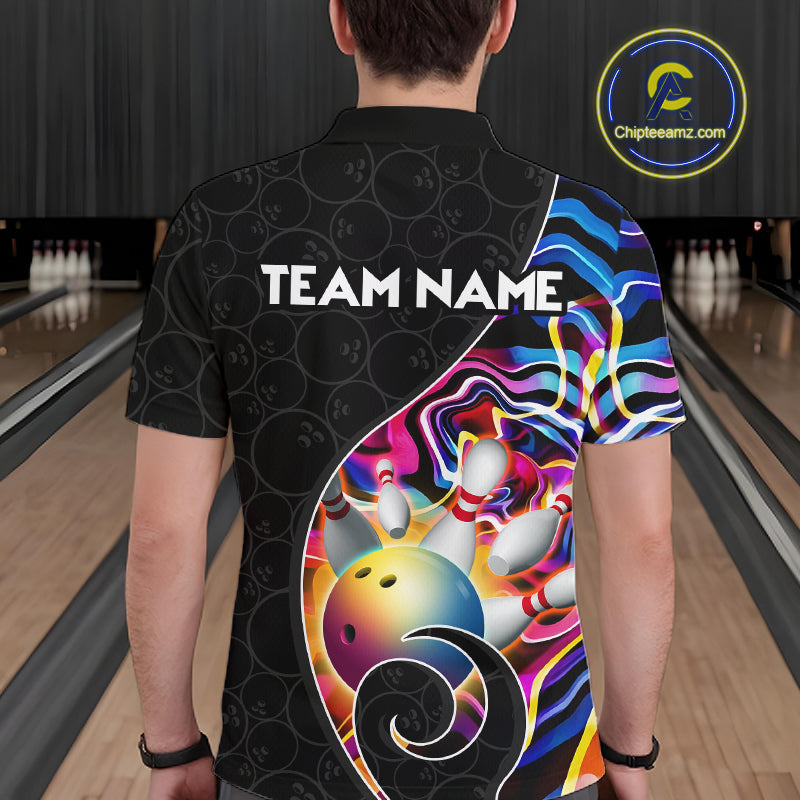 Men’s blue neon wave bowling polo shirt, back view on male model in bowling lane 