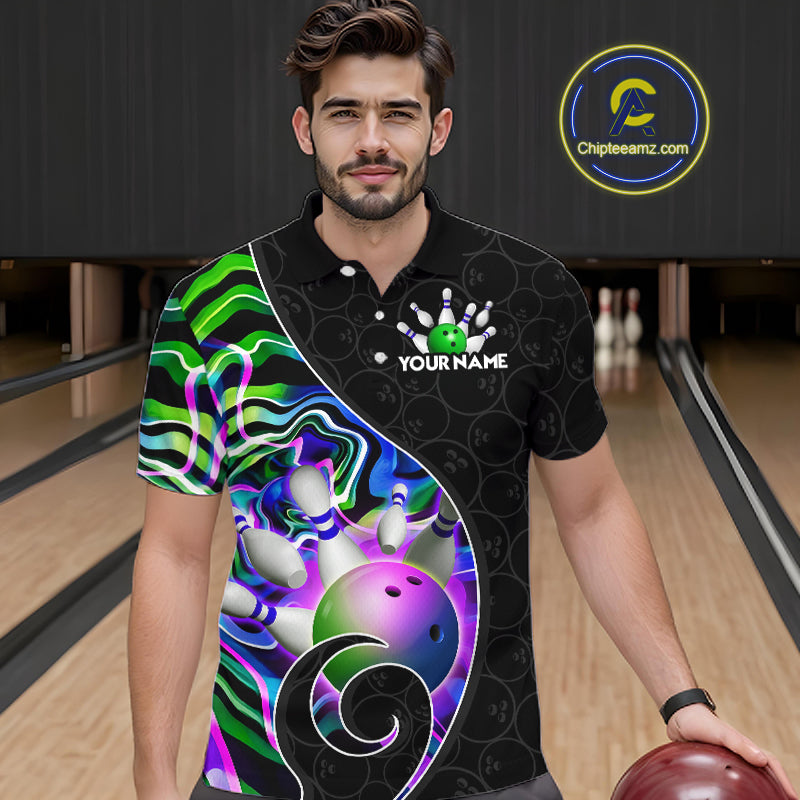 Men’s green neon wave bowling polo shirt, front view on male model in bowling lane 